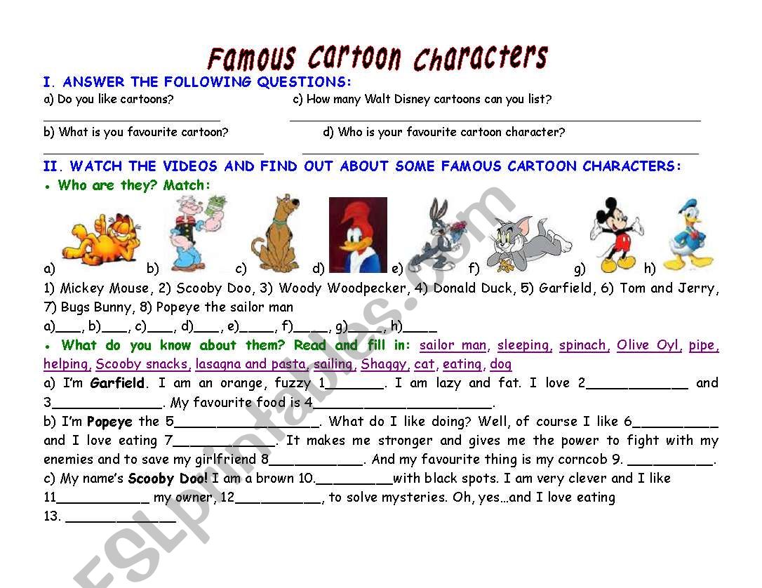 famous cartoon characters esl worksheet by michona