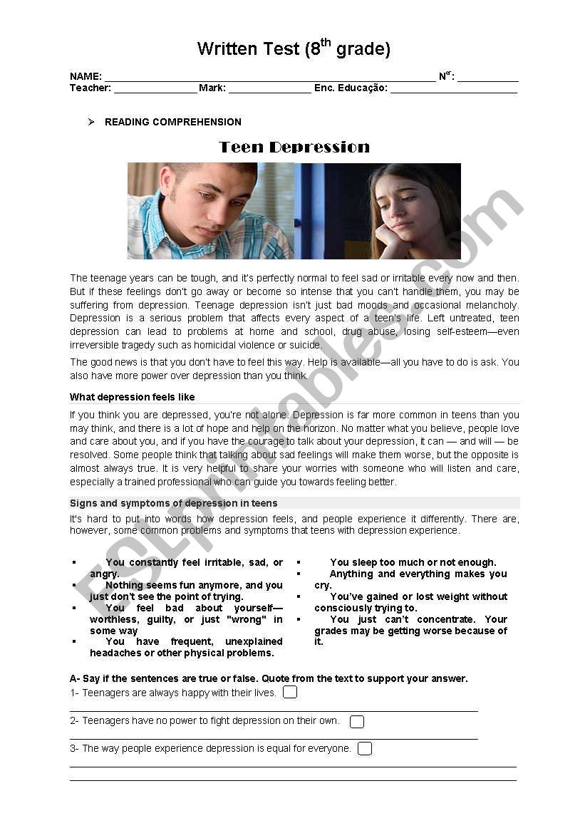 test about teen depression worksheet