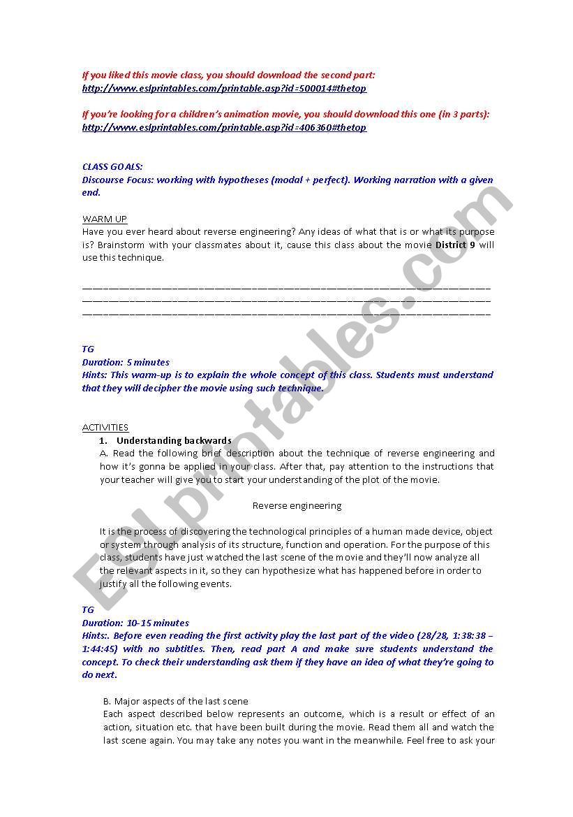 Movie District 9 part 1 worksheet