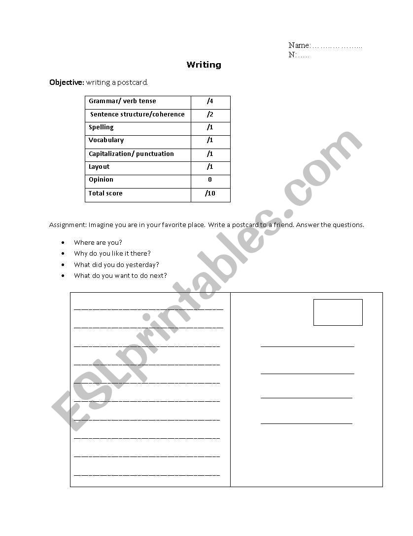 postcards worksheet