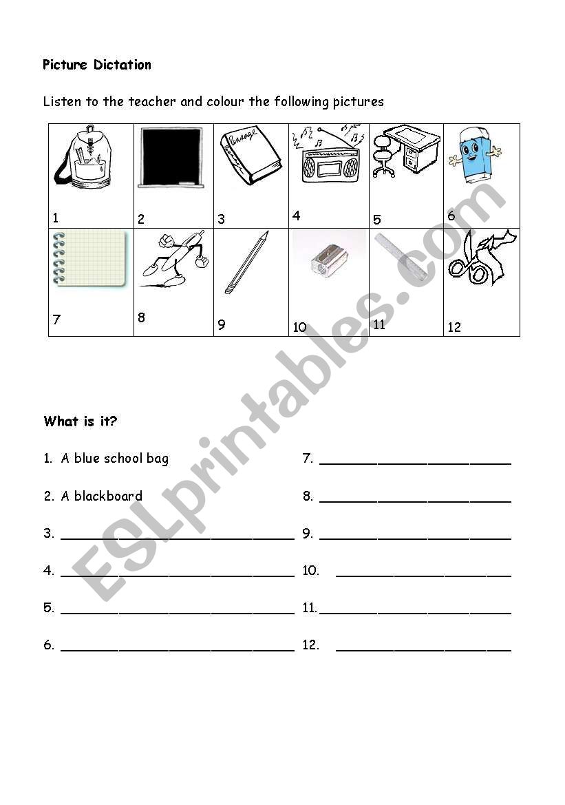 School objects picture dictation
