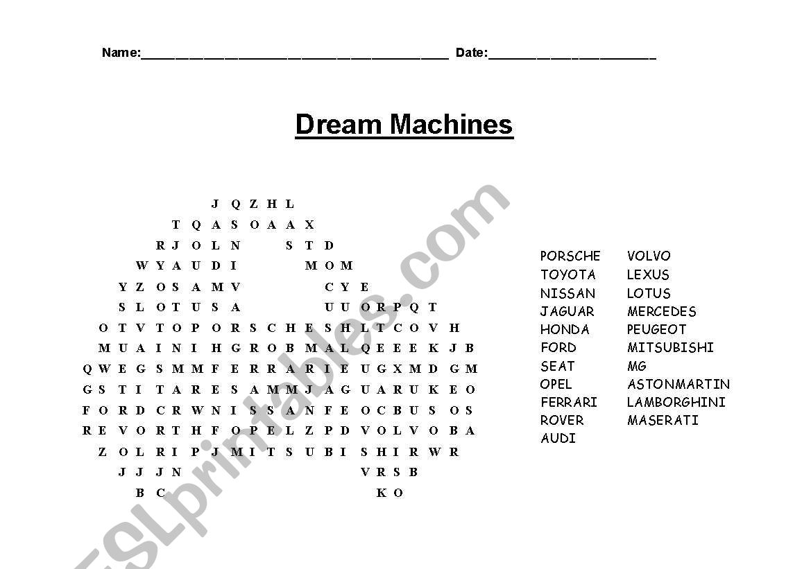 Cars wordsearch worksheet