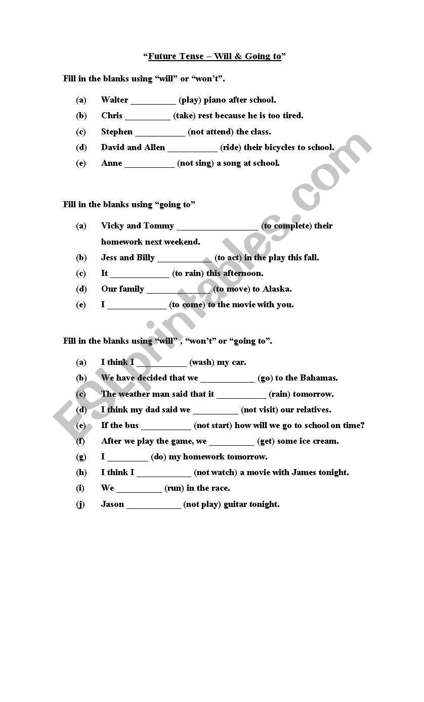 Future - Will & Going to worksheet