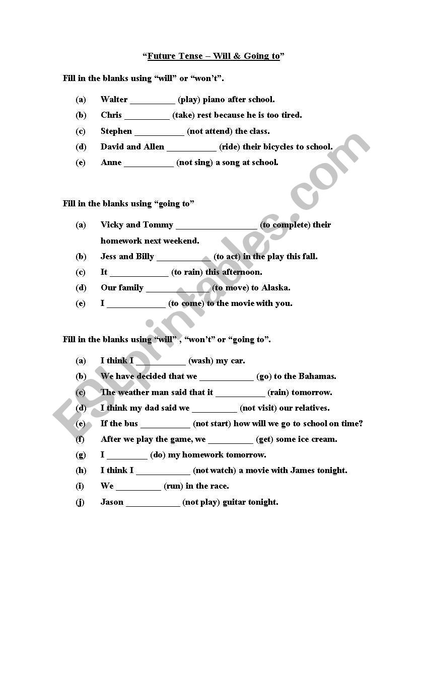 Future - Will & Going to worksheet