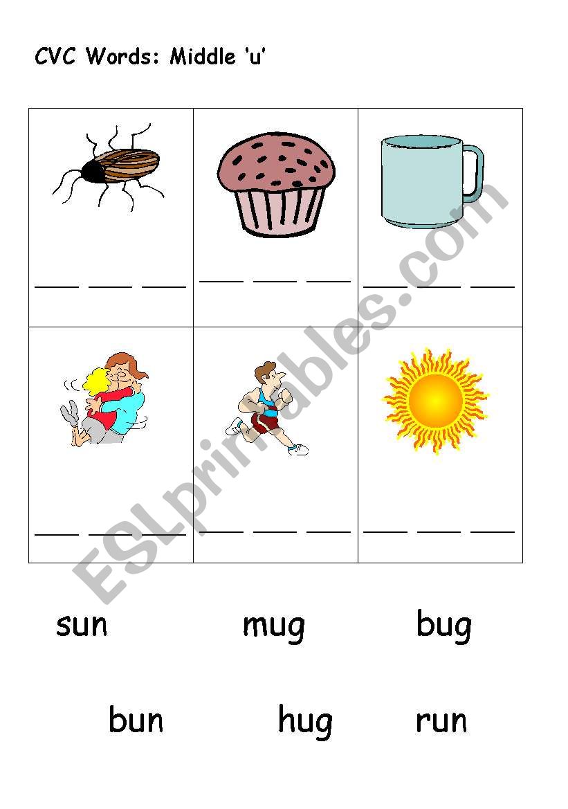 CVC middle U cloze worksheet