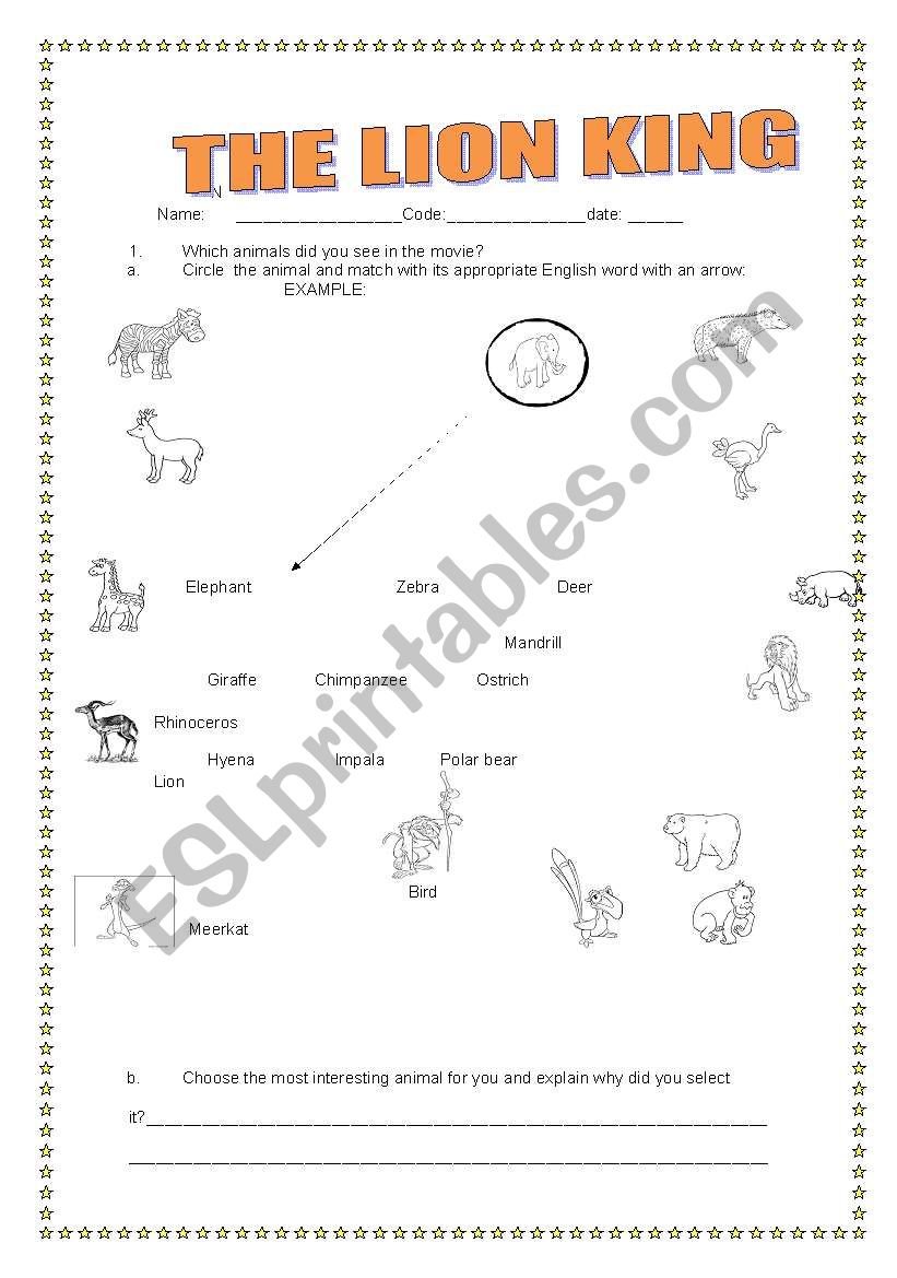 THE LION KING WORKSHEET 1-4 worksheet