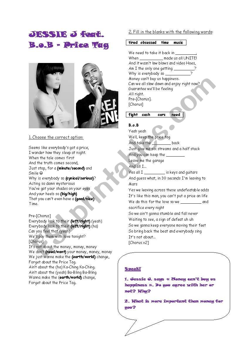 Price Tag by Jessie J worksheet