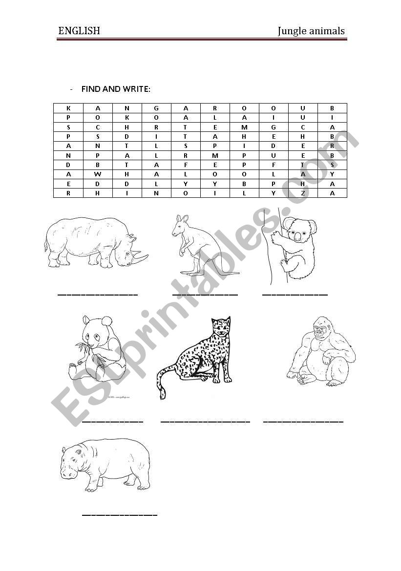 jungle animals find and write worksheet