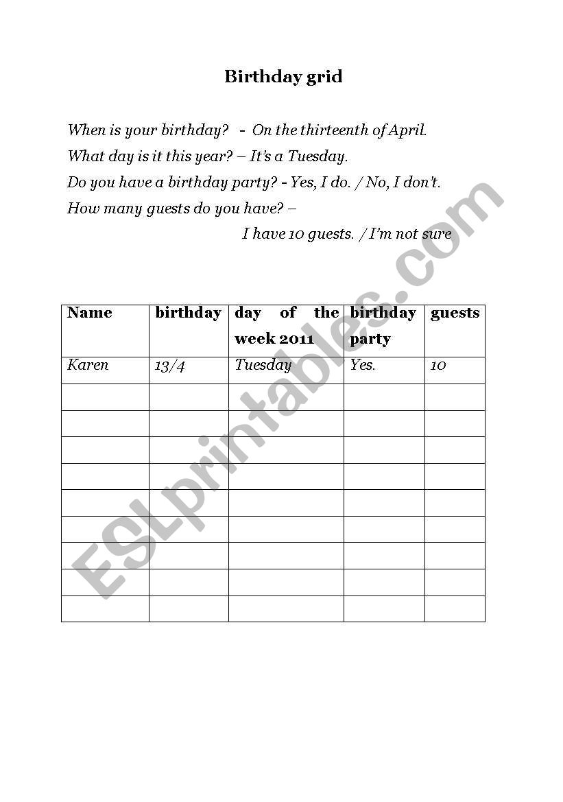 Birthday interview worksheet