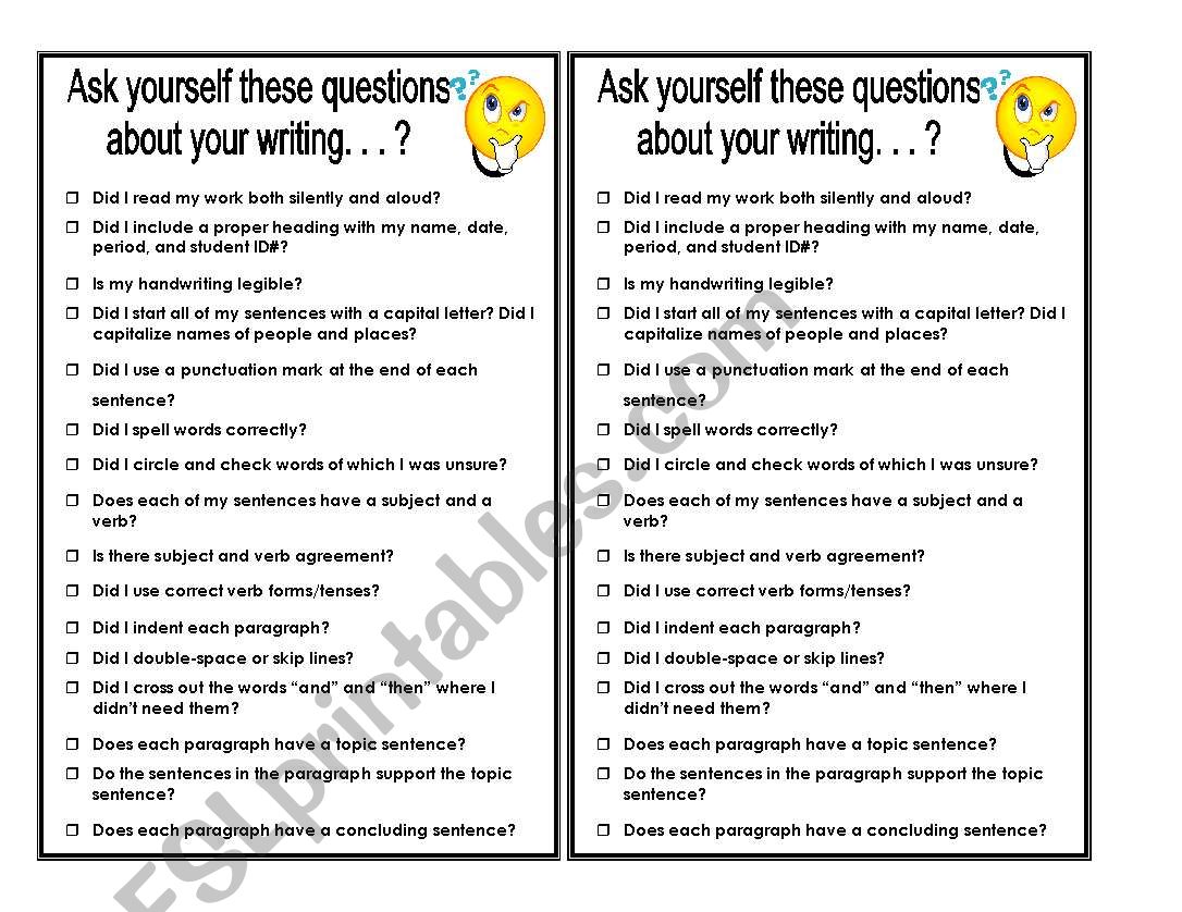 Writing Checklist worksheet