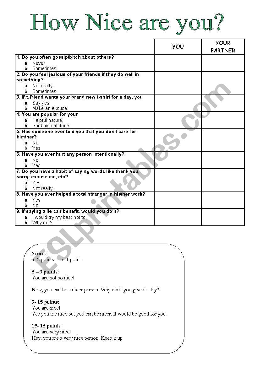 How nice are you? quiz worksheet