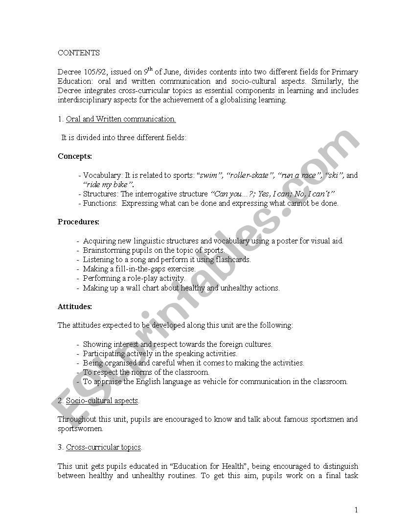 Didactic Unit The Sports worksheet