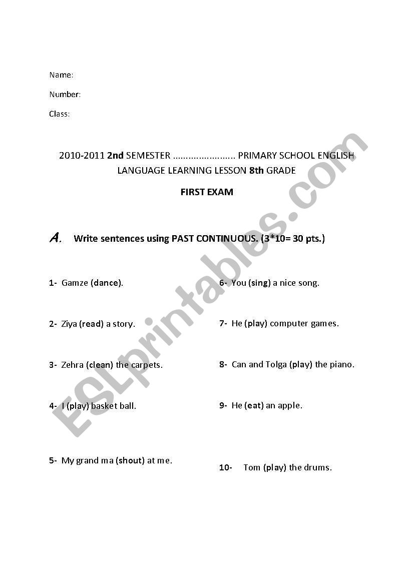 Past continuous exam worksheet