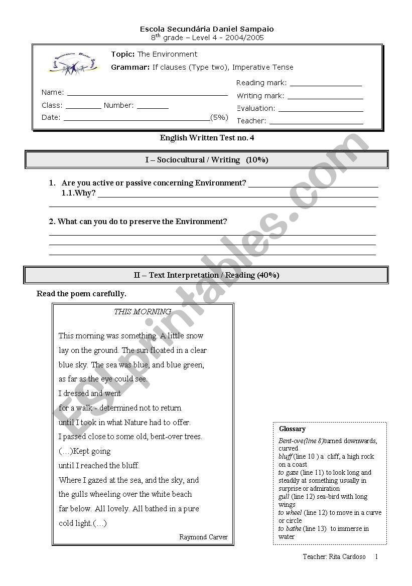 8th Grade Test - Topic: The environment