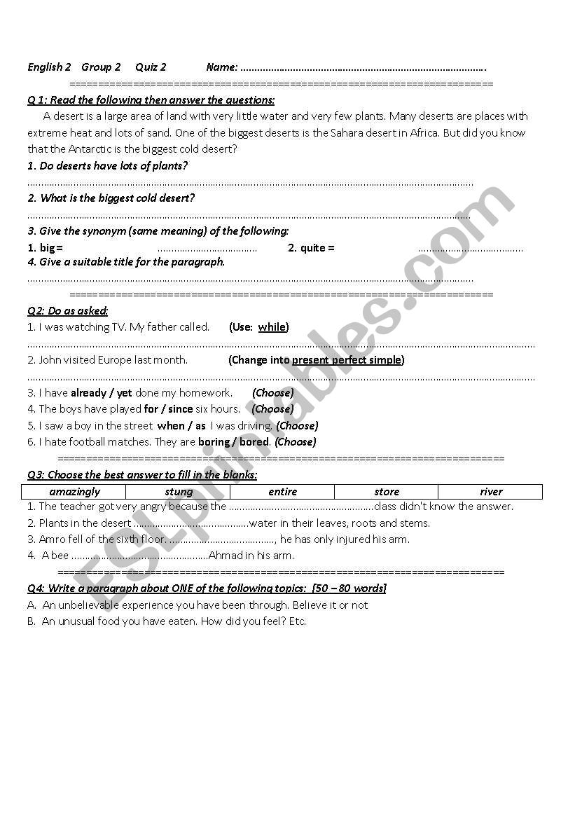 a quiz worksheet