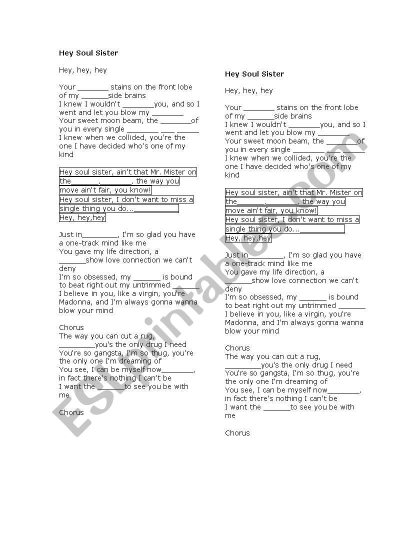 Hey, Soul sister- song worksheets