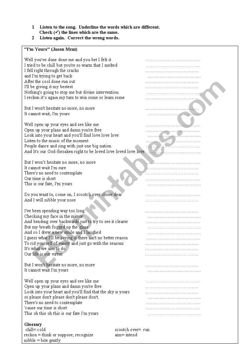 Im yours by Jason Mraz worksheet