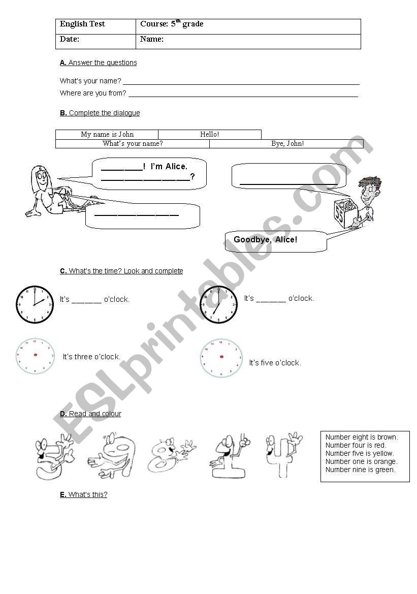 Test 5th grade worksheet