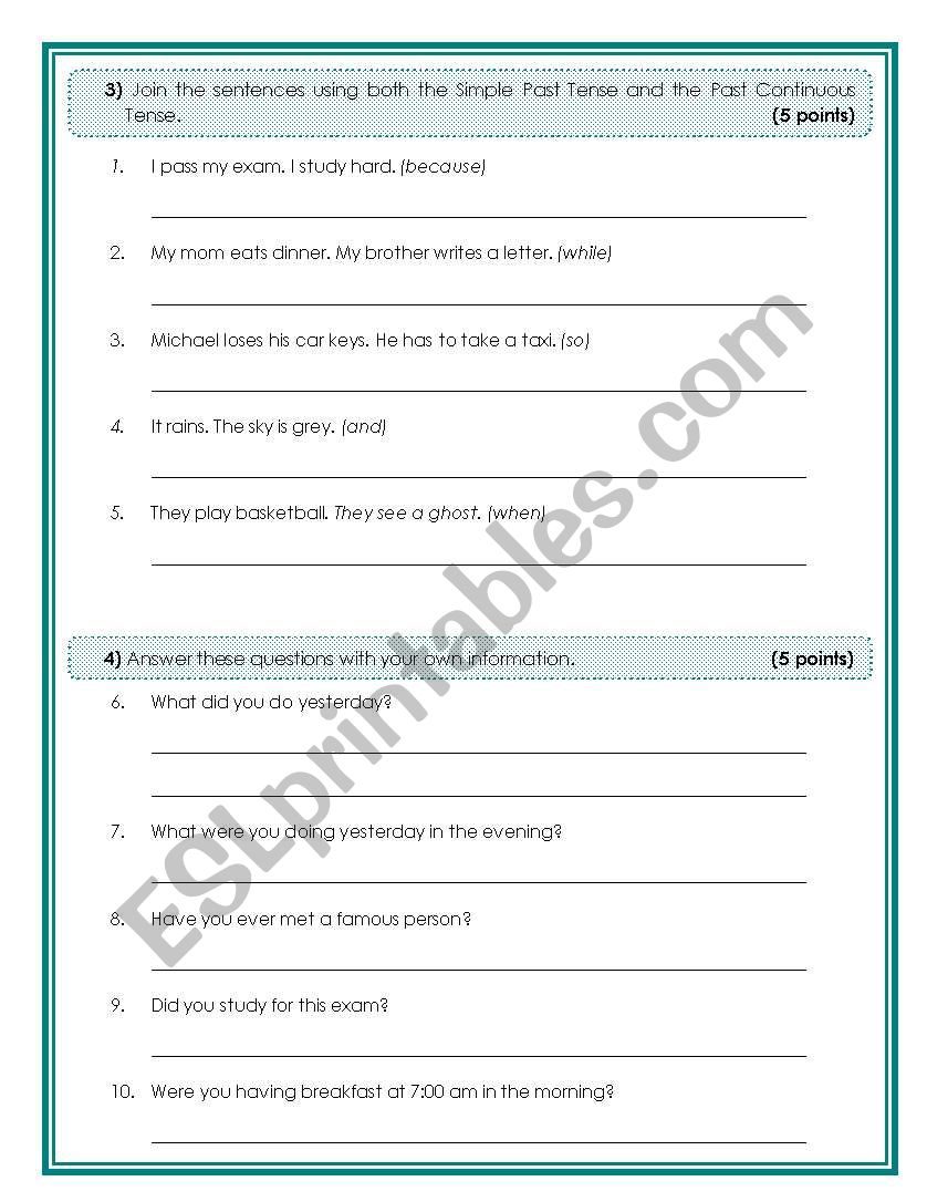 Past Tenses Test 2 worksheet