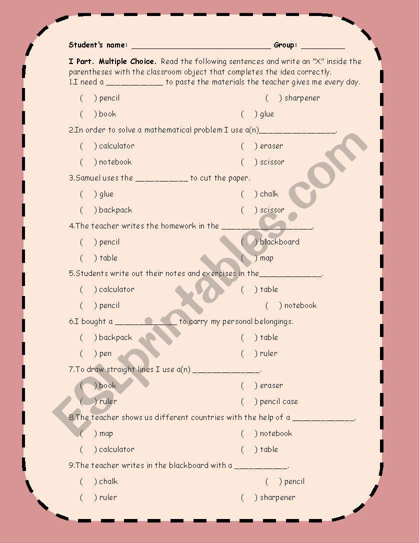 Classroom Objets worksheet