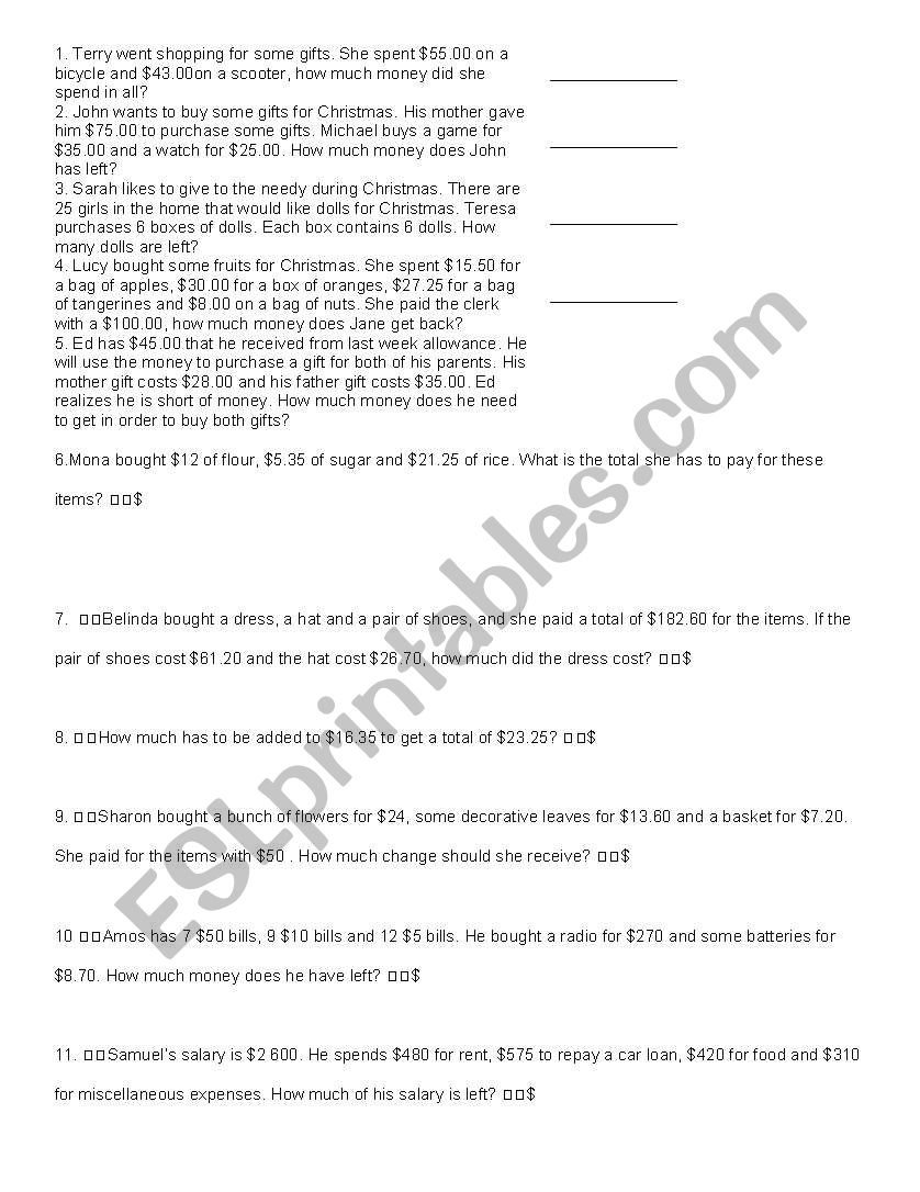 Money Word Problems worksheet