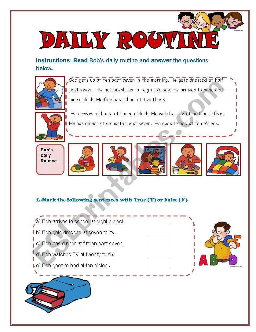 Daily Routine Worksheet (B&W + Answer Key)