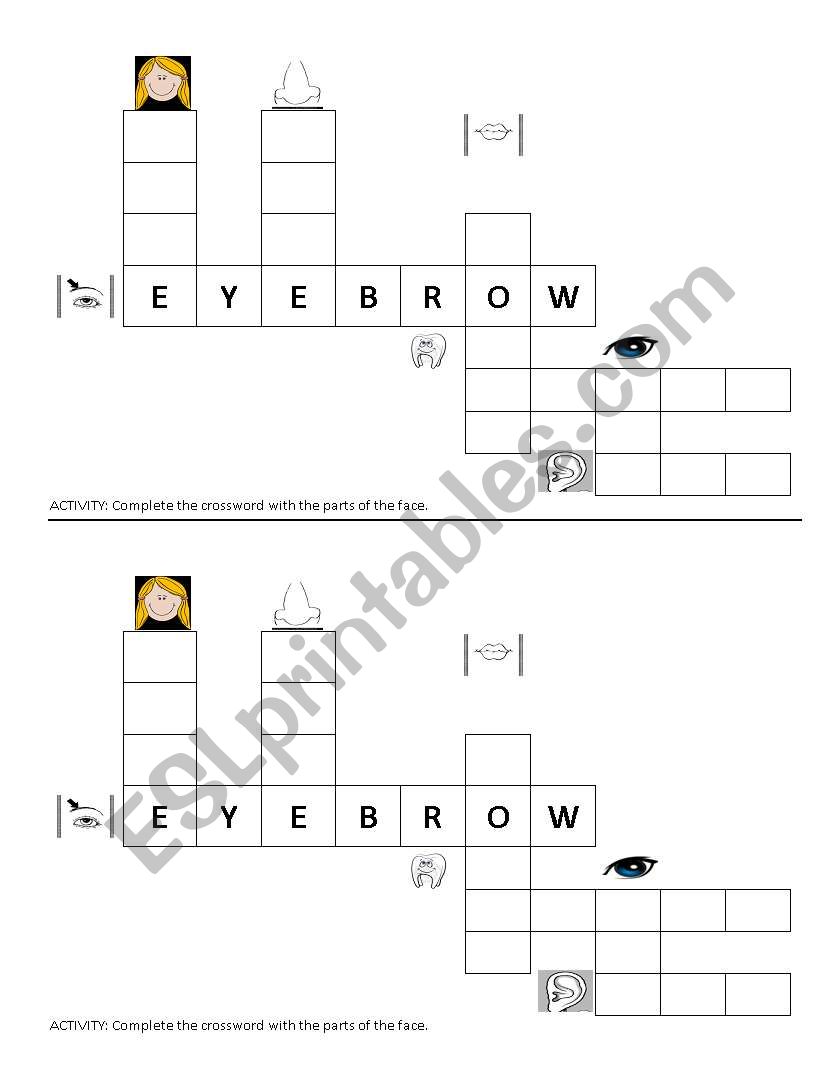 Crossword: Parts of the face worksheet