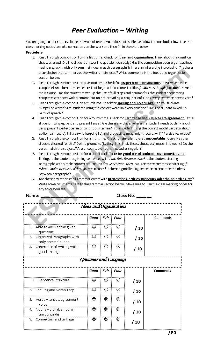 Peer Evaluation of Writing worksheet