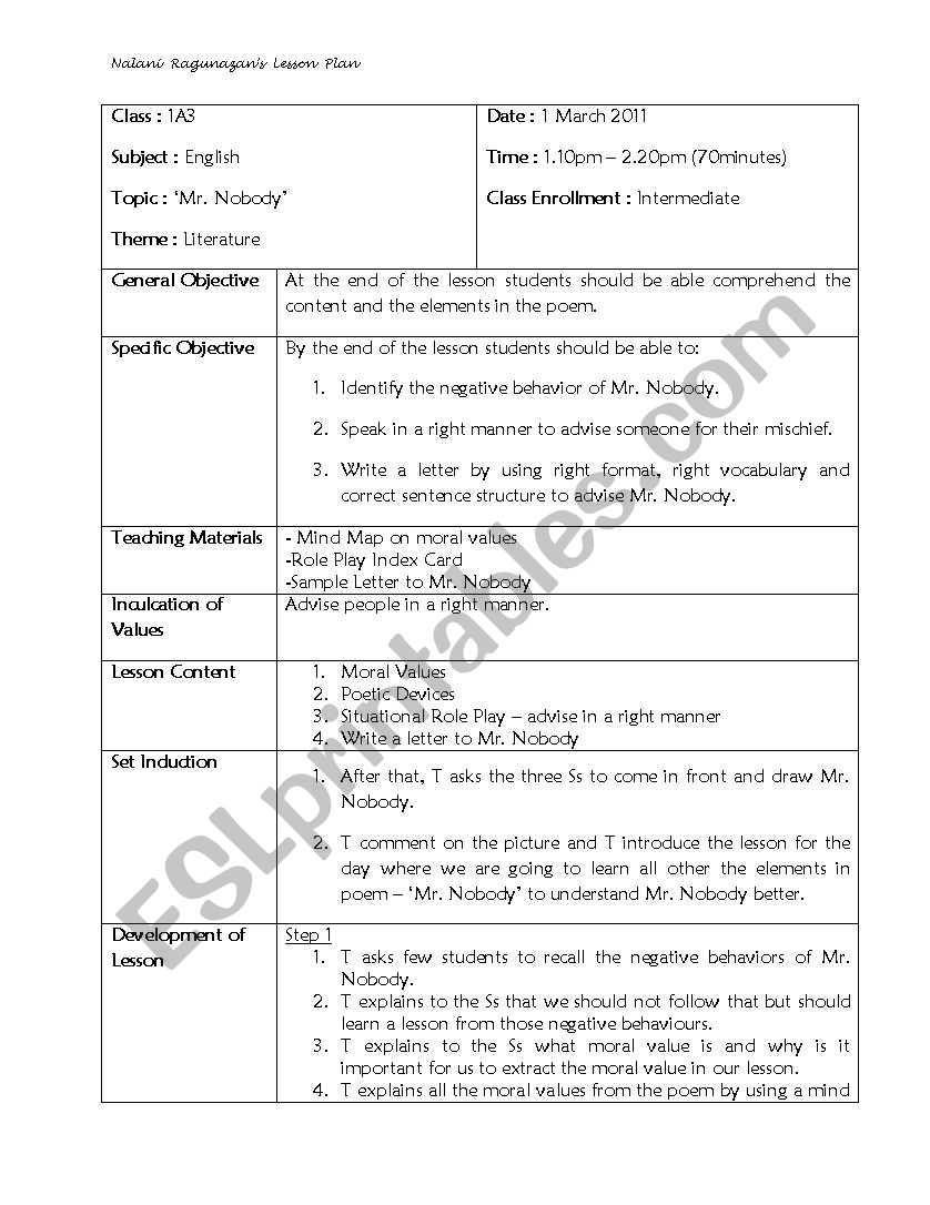 The poem Â´Mr nobodyÂ´ worksheet