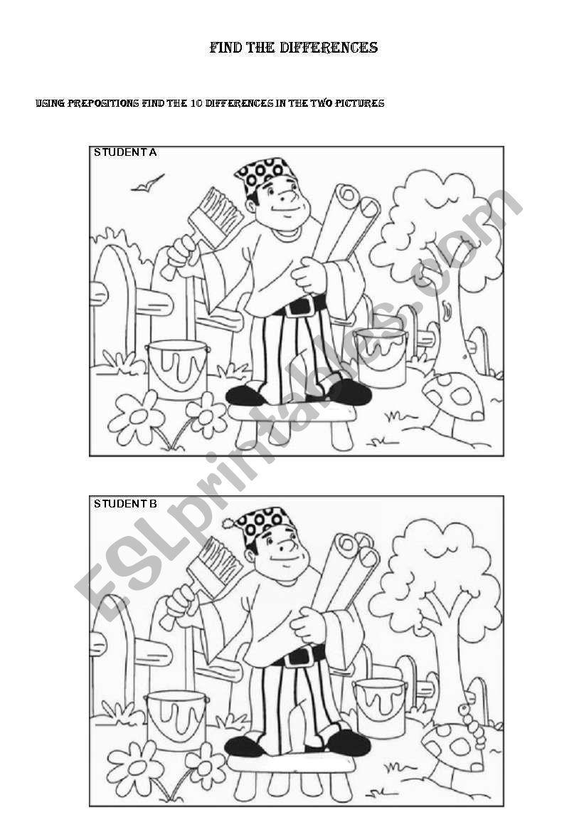 Find the differences and describe the pictures, prepositions activity