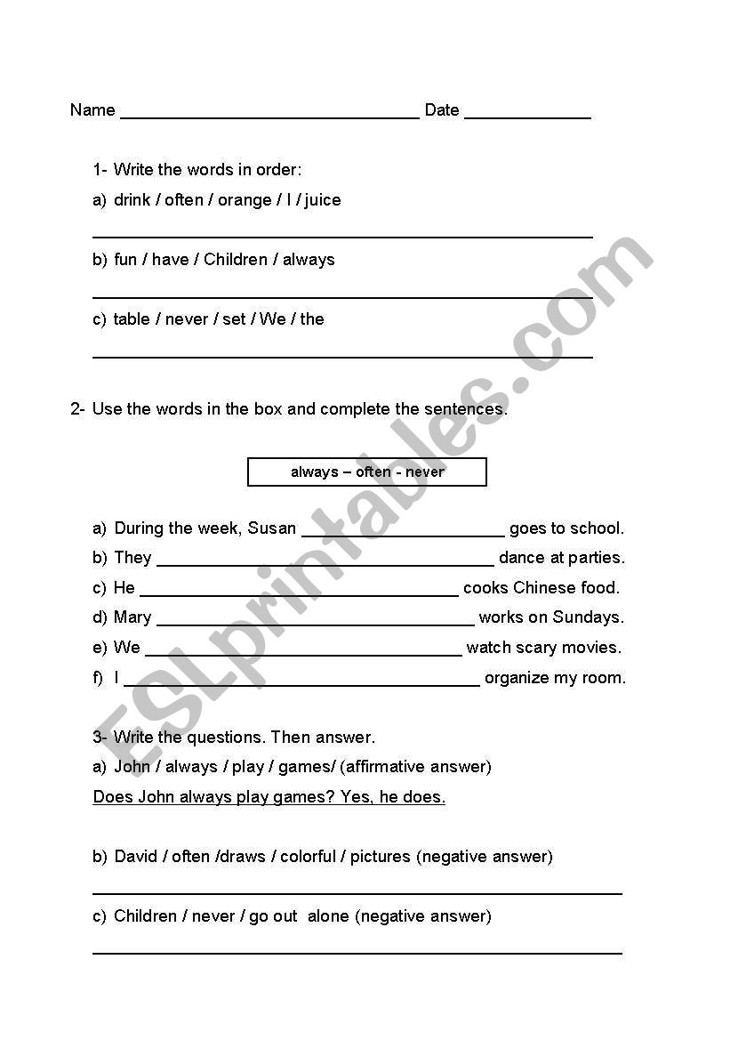 frequency adverbs worksheet