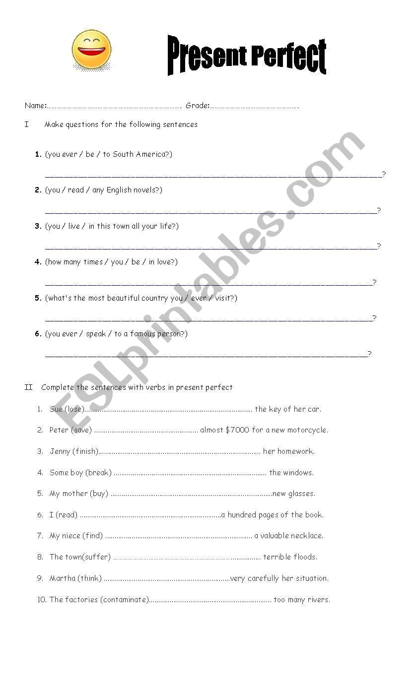 present perfect worksheet