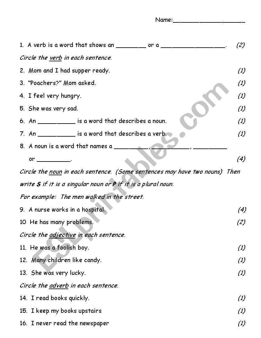 parts of speech worksheet