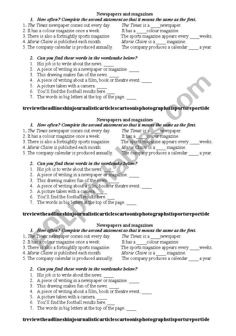 Newspapers and magazines worksheet