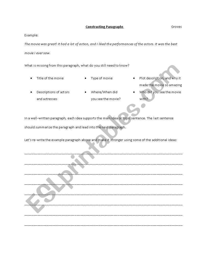 Developing paragraphs worksheet