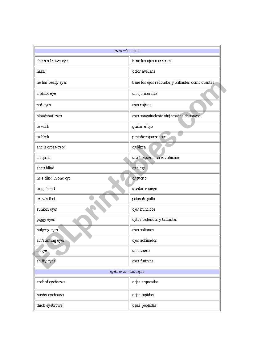 Vocabulary of eyes worksheet