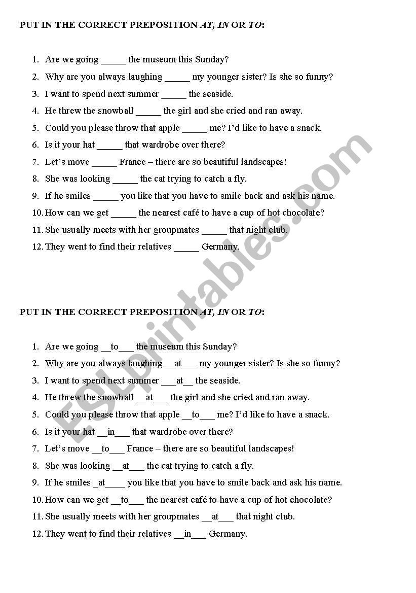 More Prepositions worksheet