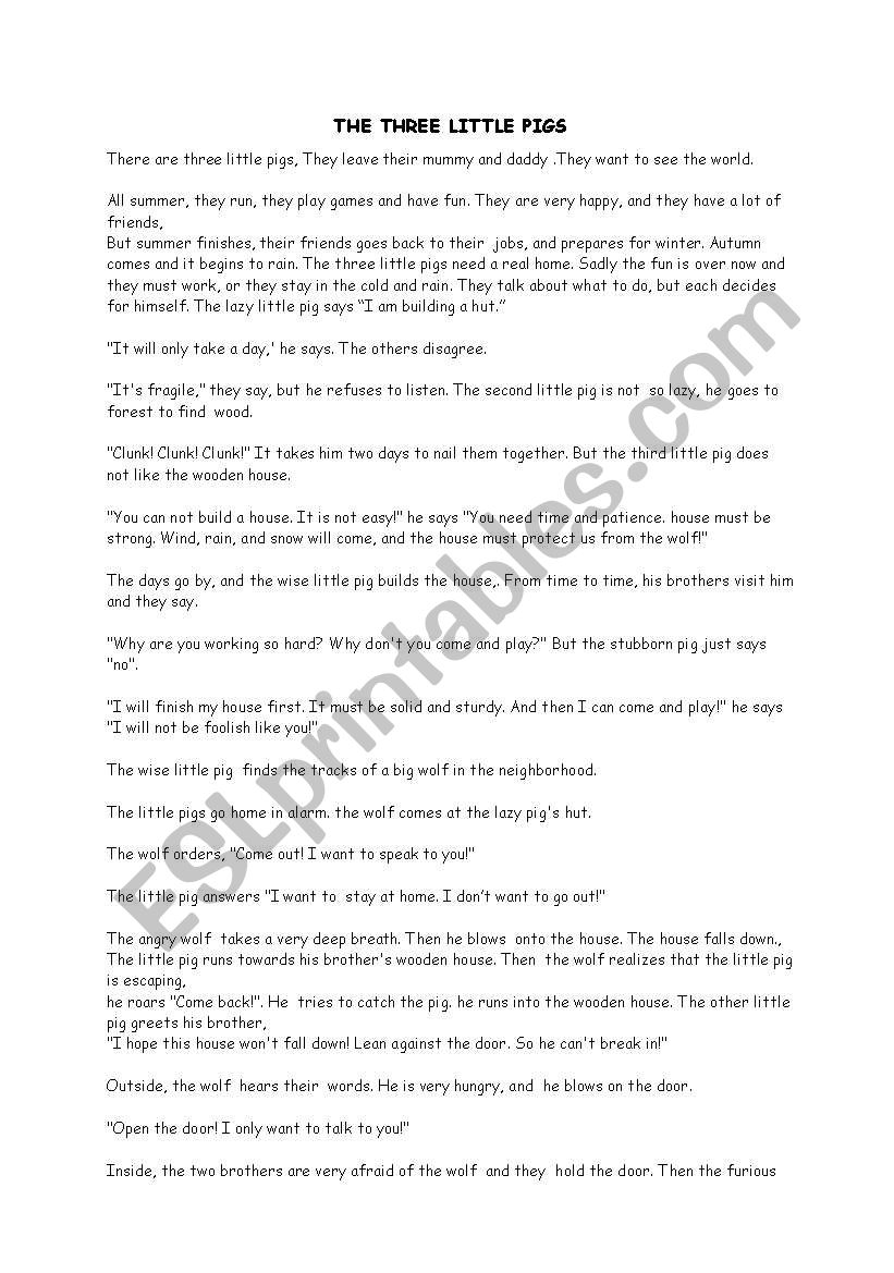 three little pigs story worksheet