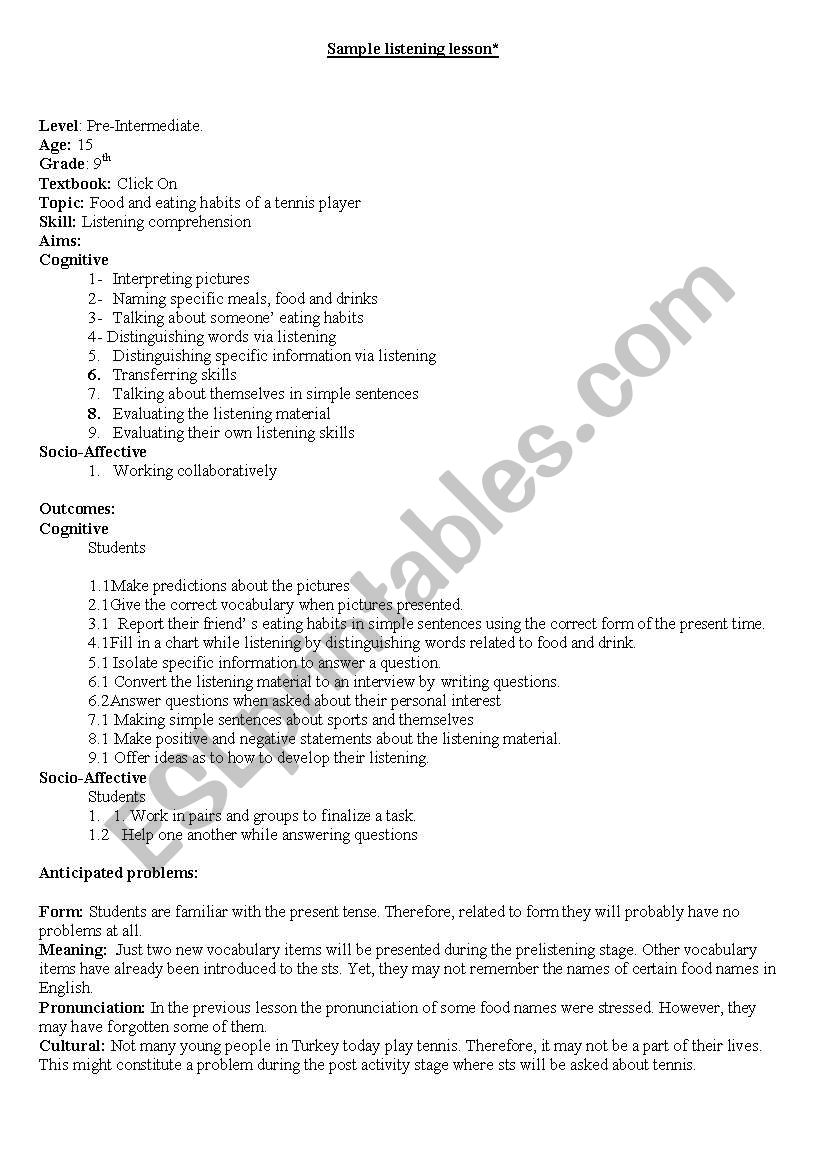 listening lesson plan worksheet