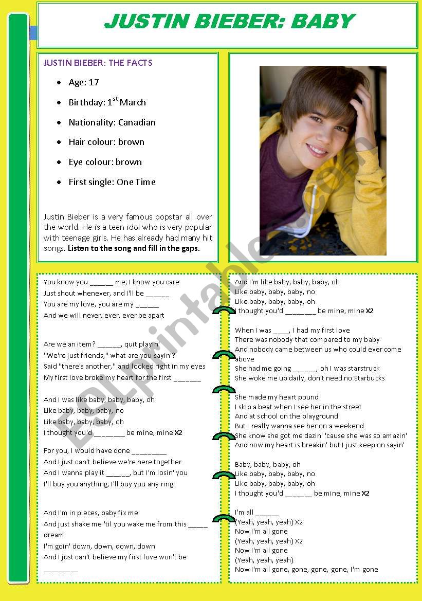 Justin Bieber Baby Esl Worksheet By Jayne10