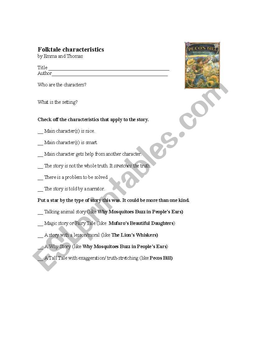 Checklist for folktales worksheet