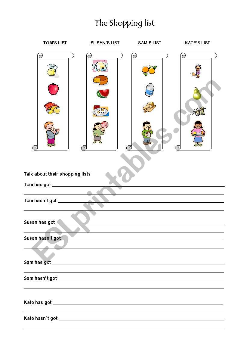 The shopping list worksheet