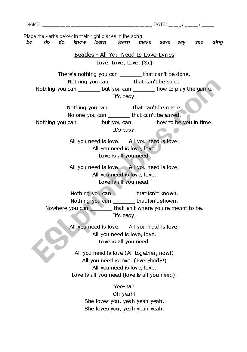 All you need is love worksheet