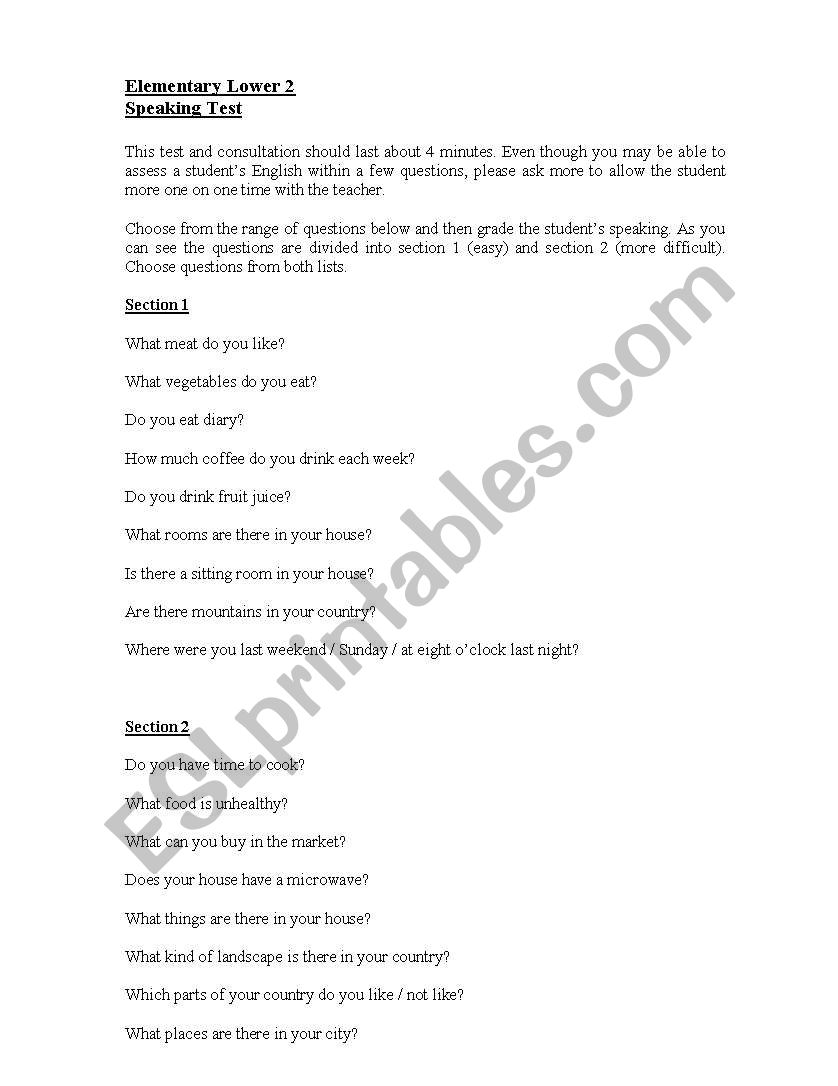 Speaking test Elementary worksheet