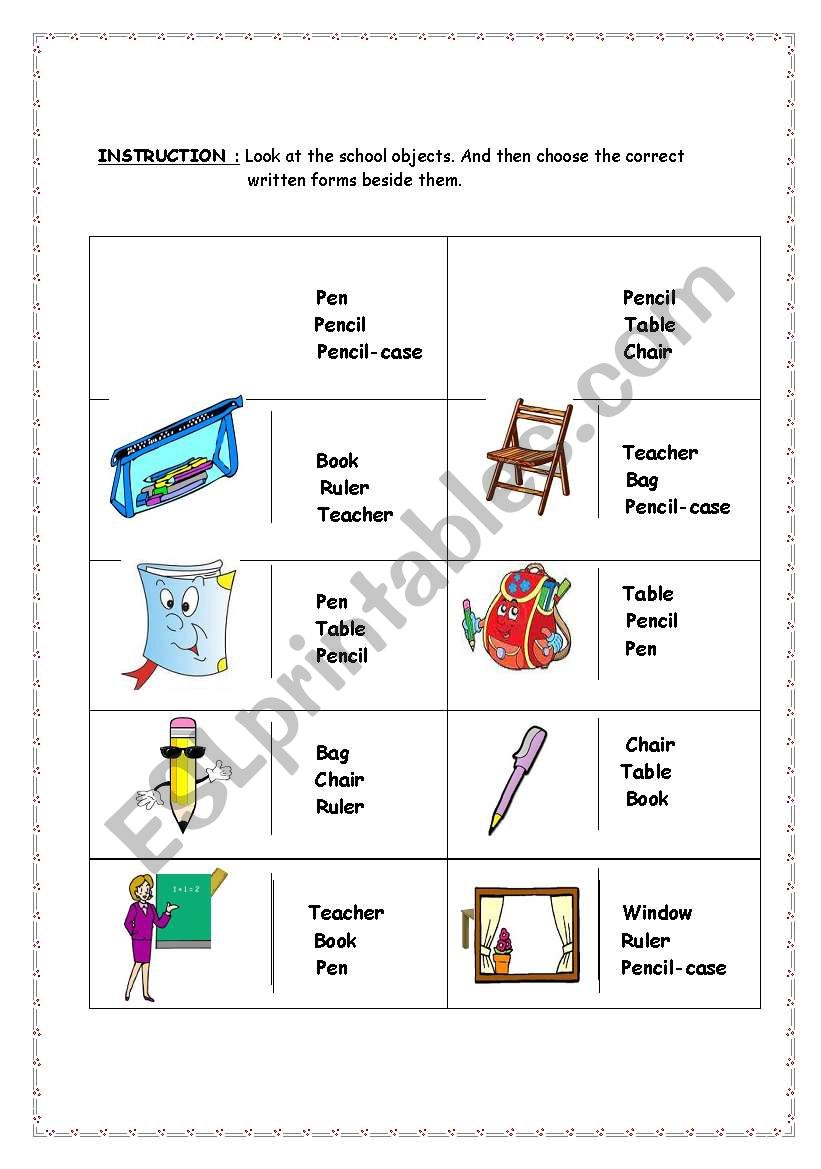 school objects worksheet