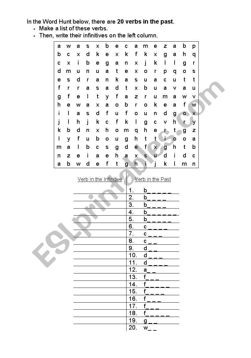 Word Hunt - Verbs in the past worksheet