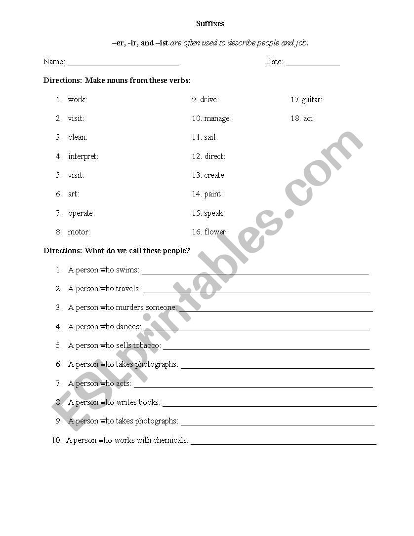 suffix -er -ir -ist worksheet