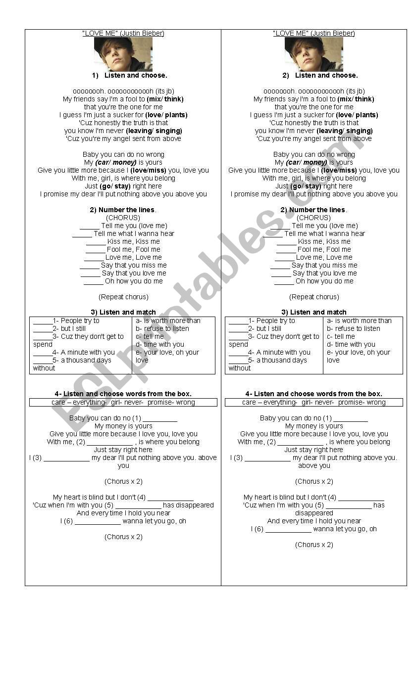 song: love me (justin bieber) worksheet