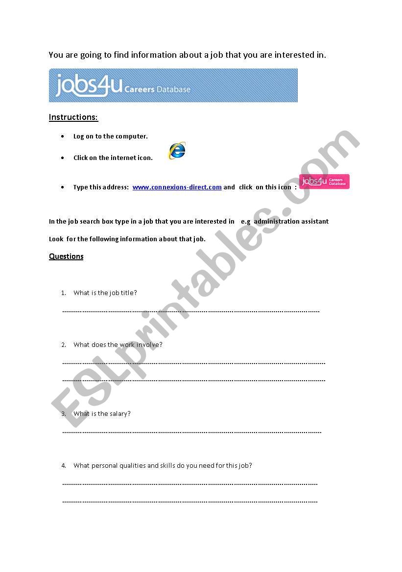 Internet job search worksheet