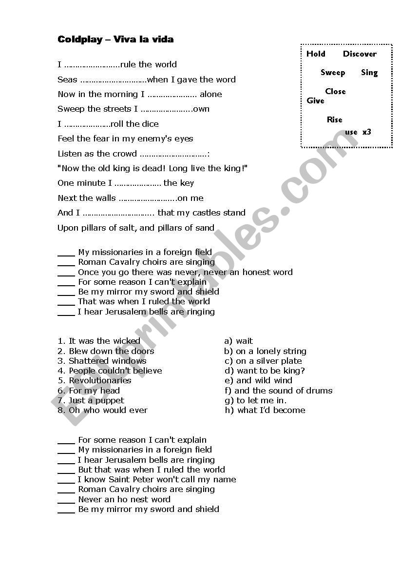 Viva la Vida- coldplay worksheet